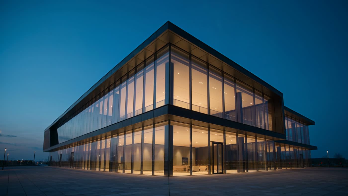 A finished glass and steel building lit from inside at blue hour.