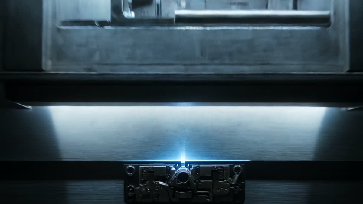 A precision switch mechanism closing, with light flooding the structure behind it.