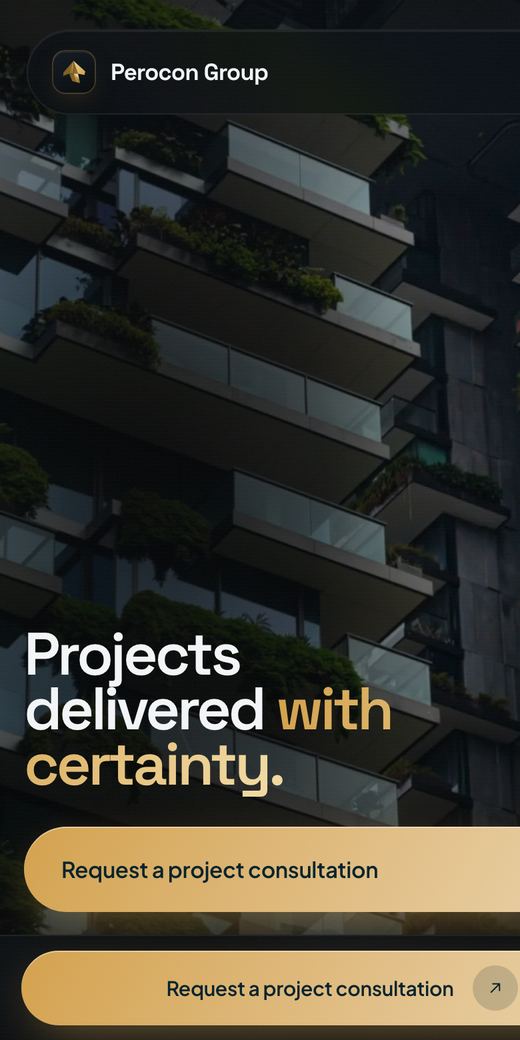 Concept build for a construction and project management firm, shown on a phone: a completed building above a request a project consultation button.