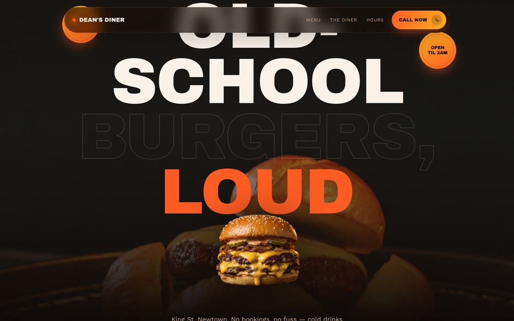 Concept build for a late night burger diner, shown on a laptop: heavy display type reading old-school burgers, loud, over a dark food photograph.